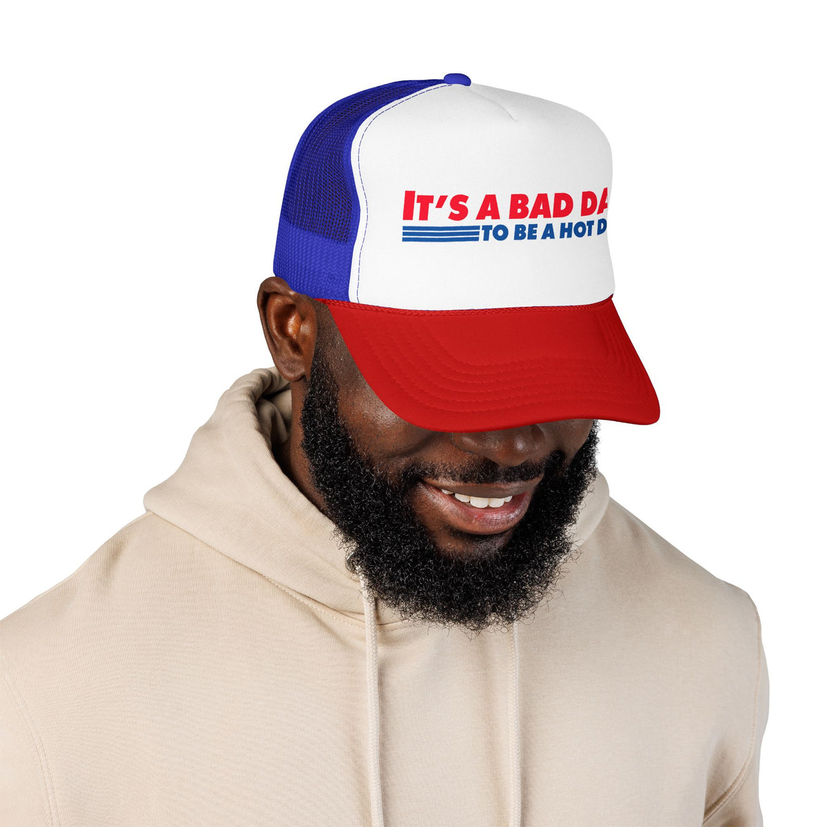"It's a Bad Day to Be a Hot Dog" Foam Trucker Hat - Novelty Retro Red White Blue Cap