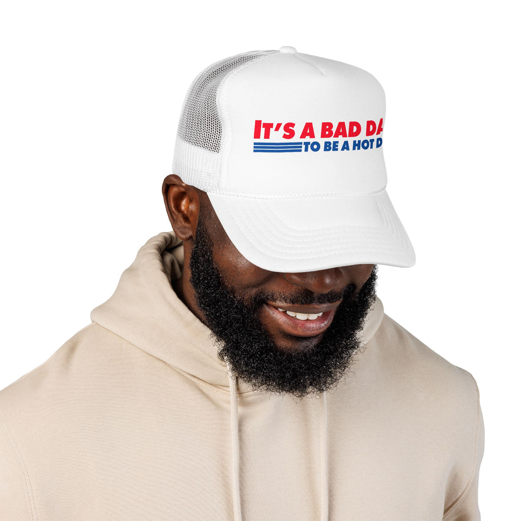 "It's a Bad Day to Be a Hot Dog" Foam Trucker Hat - Novelty Retro Red White Blue Cap